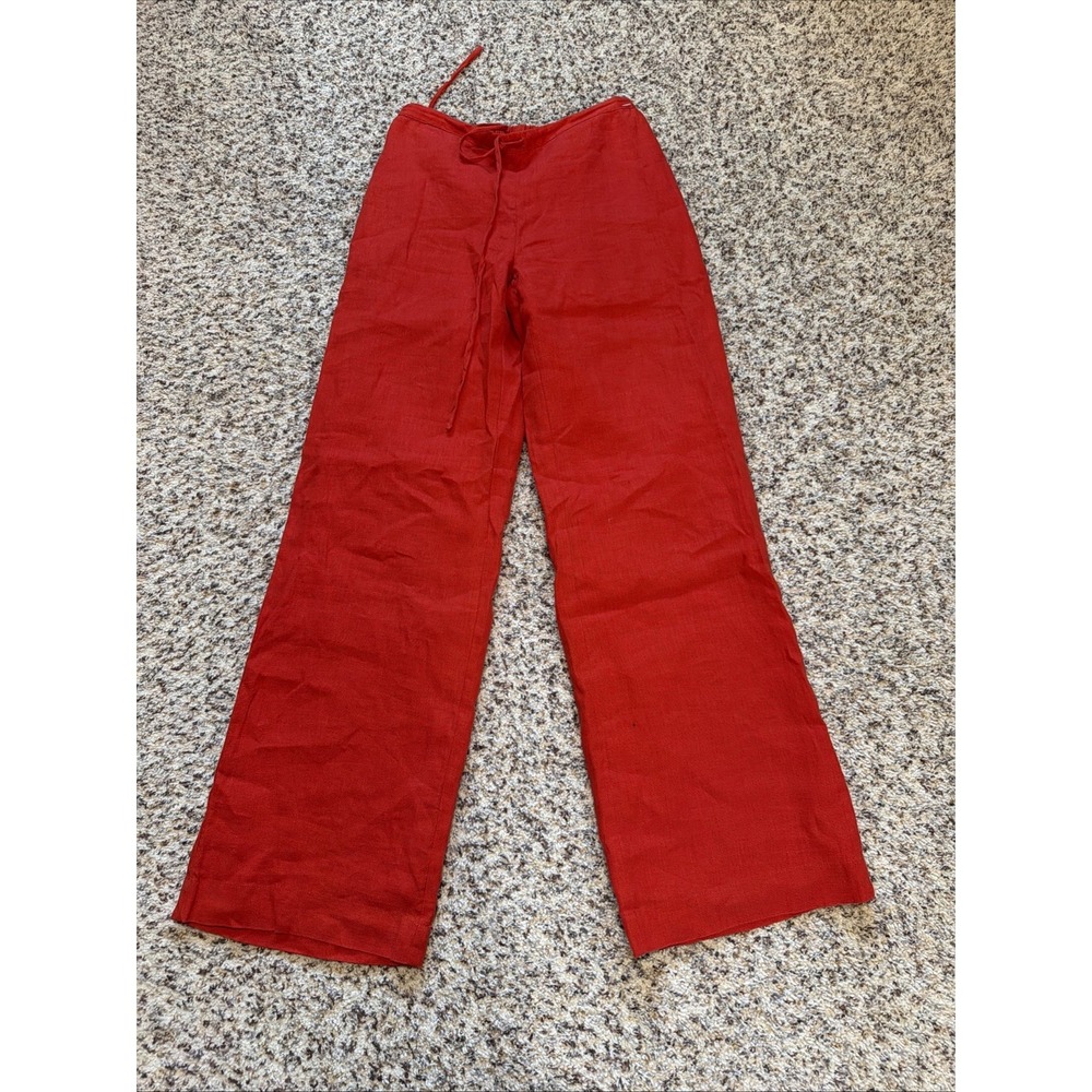 Magaschoni New Tomato Red Linen  Lined Pants Sz XS  Pull On Drawstring  $178